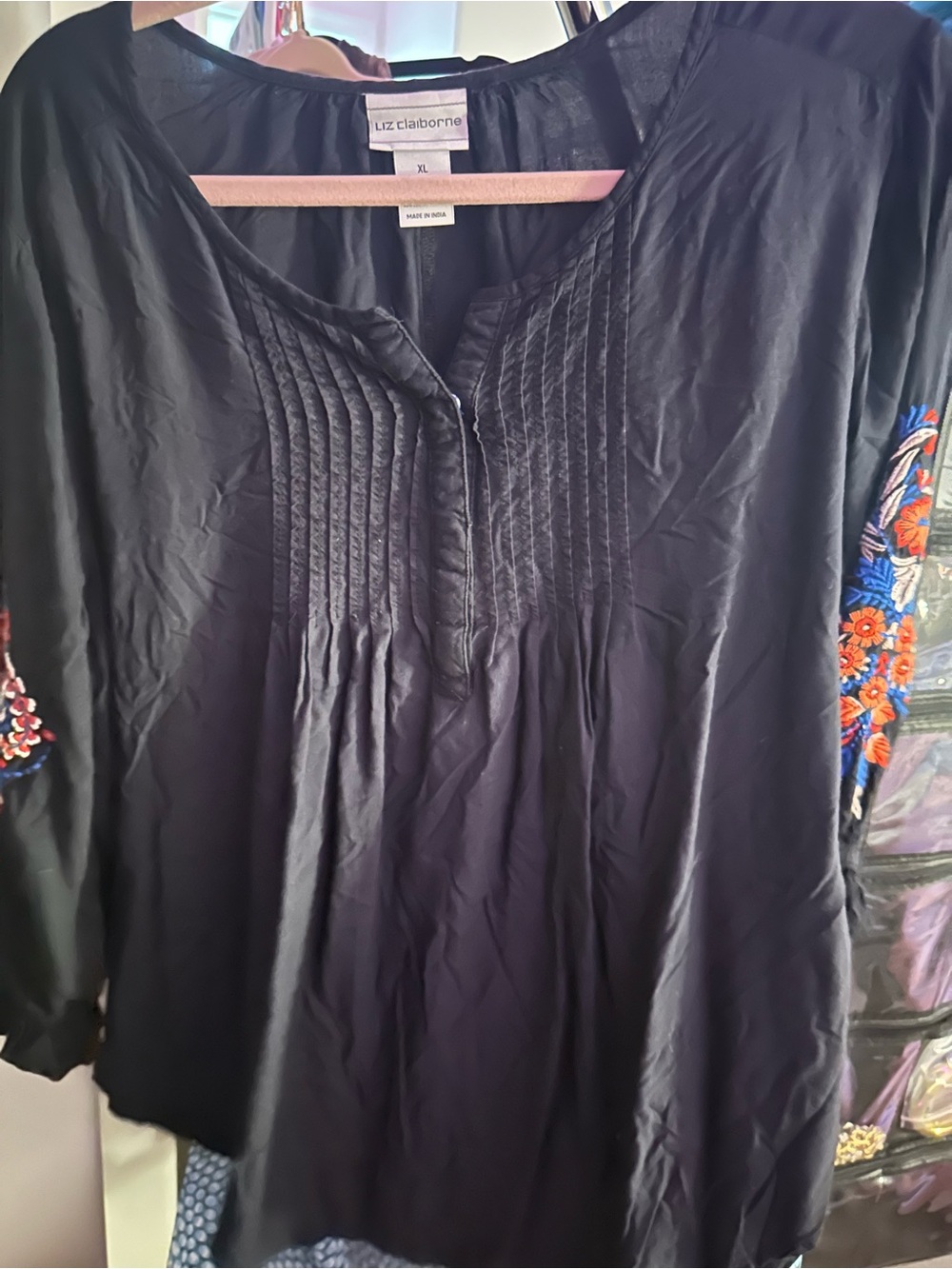 Liz Claiborne Black Tunic with Colorful Floral Embroidered Sleeves size xl